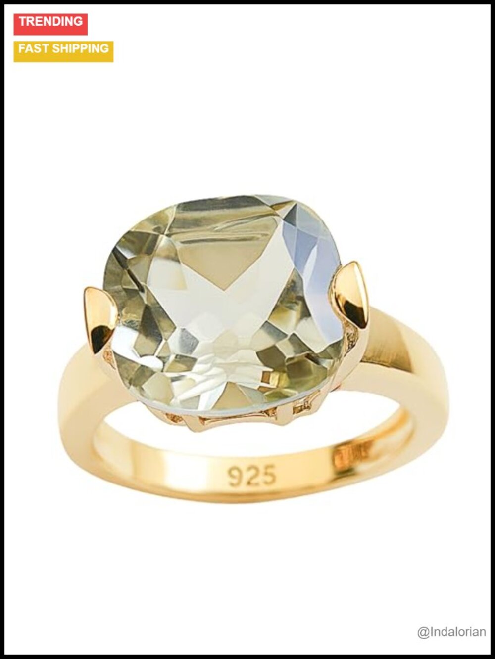 Green Amethyst Cushion Cut Statement Ring 12mm 925 Sterling Silver Gold Plated